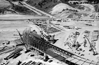 Dodger Stadium under construction in Chavez Ravine.