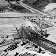 Dodger Stadium under construction in Chavez Ravine.