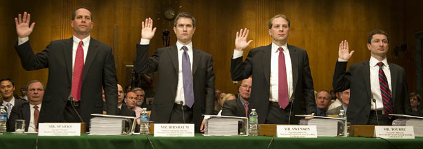 Daniel Sparks (L), a former partner who ran the mortgage department, Goldman Sachs Trader Josh Birnbaum (2nd L), Managing Director in the mortgage department at Goldman Sachs Michael Swenson (2nd R) and Fabrice Tourre (R), who is accused of fraud in a Securities and Exchange Commission lawsuit over a mortgage-linked investment, are sworn in to testify on Capitol Hill in Washington, DC, April 27, 2010, during a Senate Homeland and Secruity and Government Affairs Committee Permanent Subcommittee on Investigations.