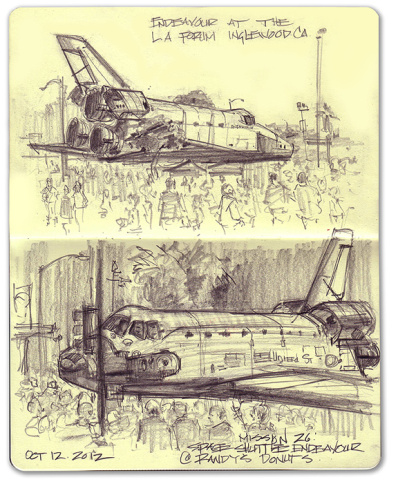 Mike Sheehan sketched Shuttle Endeavour last weekend as it traveled from LAX to the California Science Center