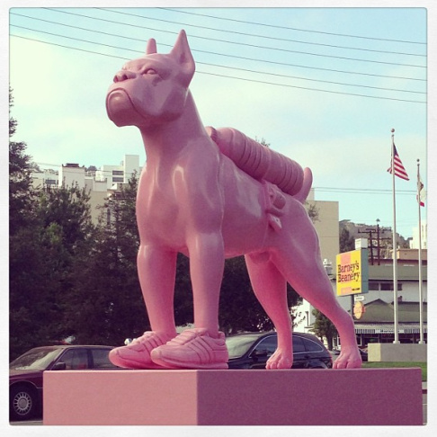 West Hollywood pink bulldog statue