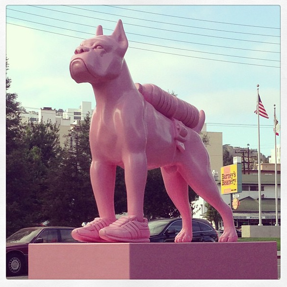 One of West Hollywood's pink bulldog statues has wandered away.