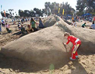 Celebrating the migration of the pacific gray whale and the beginning of the whalewatching season, volunteers build a 75 foot life sized sand sculpture of the world's largest whale, the blue whale. This event is the start of the CMA's 75 year anniversary celebration.