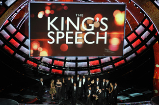 The cast and crew of 'The King's Speech,' celebrates their trophy for Best Movie at the 83rd Annual Academy Awards at the Kodak Theatre on February 27th, 2011 in Hollywood, California.