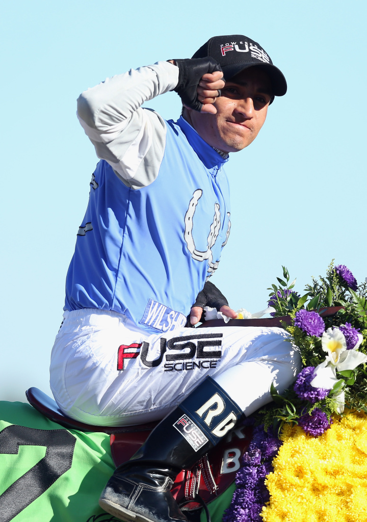 Rafael Bejarano celebrates atop Goldencents after winning the Dirt Mile during the 2013 Breeders' Cup World Championships at Santa Anita Park on Nov. 1, 2013 in Arcadia.