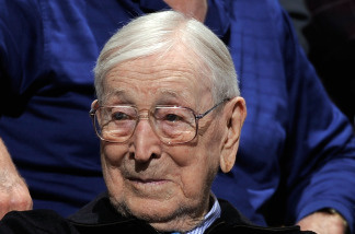 Former coach John Wooden of the UCLA Bruins watches as the Bruins take on the University of California Golden Bears at Pauley Pavilion January 29, 2009 in Westwood, California. UCLA won, 81-66.