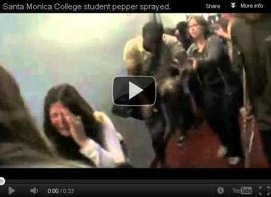 Screenshot of Santa Monica College student pepper sprayed outside of a Board of Trustees meeting on Tuesday, April 3, 2012.