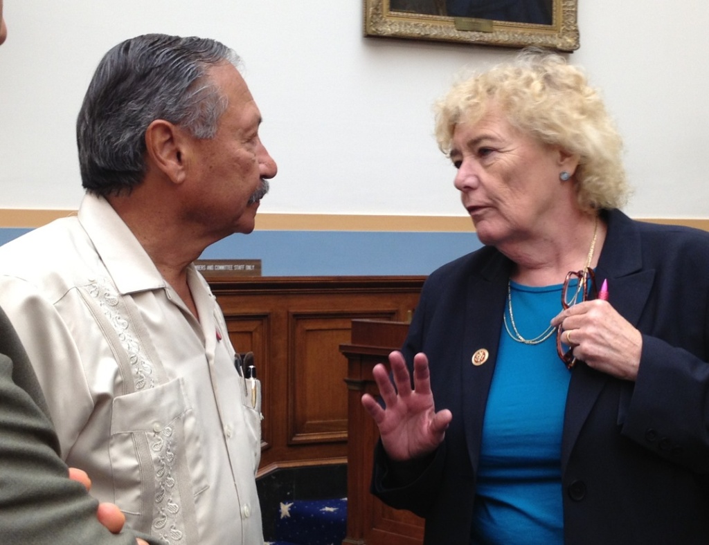 UFW President Arturo Rodgriguez listens to Rep. Zoe Lofgren at House immigration hearing