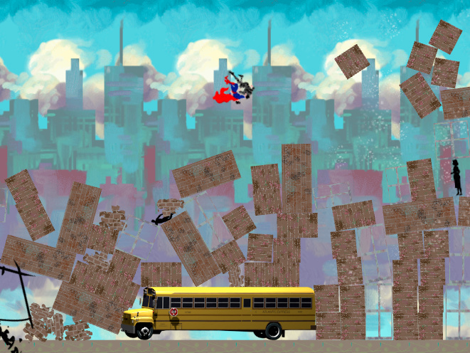 A screenshot from the game "Mass Murderer of Steel," satirizing the film "Man of Steel."