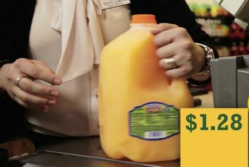 The American Beverage Association has put $1.3 million into the campaign to oppose Measure H, a proposed penny-per-ounce tax on sweetened drinks sold in the city of El Monte. This image is from a campaign video, depicting the charge that would be imposed on a gallon jug of sweetened juice drink.