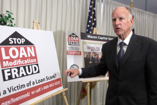 California Attorney General Jerry Brown, speaks at news conference Wednesday Aug. 12, 2009 in Los Angeles. Brown is calling on loan rescuers to back up claims of high success rates in securing huge monthly savings for troubled borrowers. File photo.
