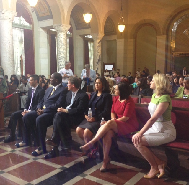 The Los Angeles City Council unanimously confirmed Mayor Eric Garcetti's nominees to the Board of Public Works Tuesday. From left to right, Matt Szabo, Mike Davis, Kevin James, Barbara Romero and Monica Rodriguez. The mayor's wife, Amy Wakeland (far right), joined the commissioners in the front row.