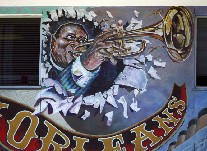 Jazz musician Louis Armstrong is seen on