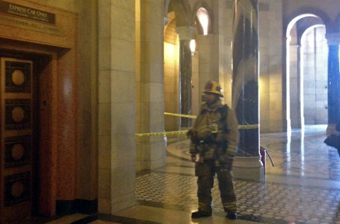 L.A. City Hall after an evacuation when a staffer received a letter with white powder inside it, Thursday, April 11, 2013.