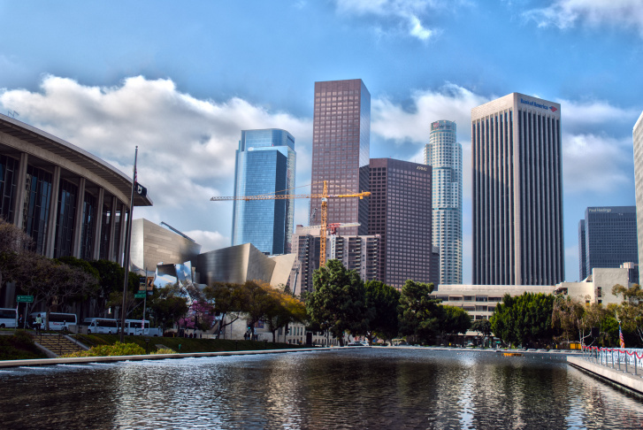 Downtown Los Angeles Skyline (skyscrapers, crane, construction, LA)