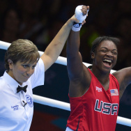 Claressa Shields of the USA (R) celebrates