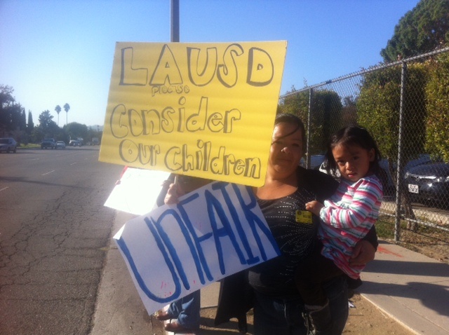 40 parents gathered in front of school board member Tamar Galatzan's field office in Lake Balboa, demanding Spanish and English speaking children stay in the same classroom.