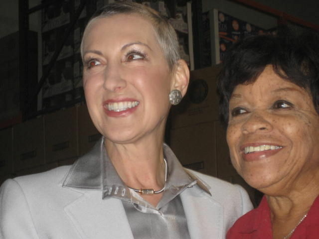 Carly Fiorina poses with Martha House of the California Federation of Republican Women at Fiorina's official announcement that she seeks to unseat U.S. Senator Barbara Boxer.
