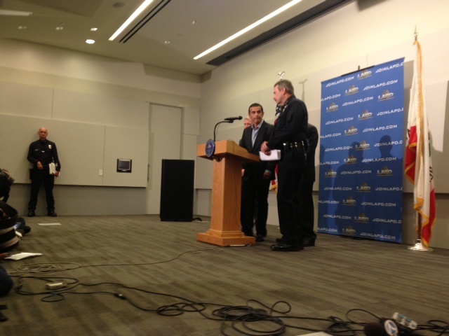 LAPD Chief Charlie Beck and L.A. Mayor Antonio Villaraigosa announce the arrest in Las Vegas of four suspects in Sunday's fatal shooting of four people at a Northridge home.