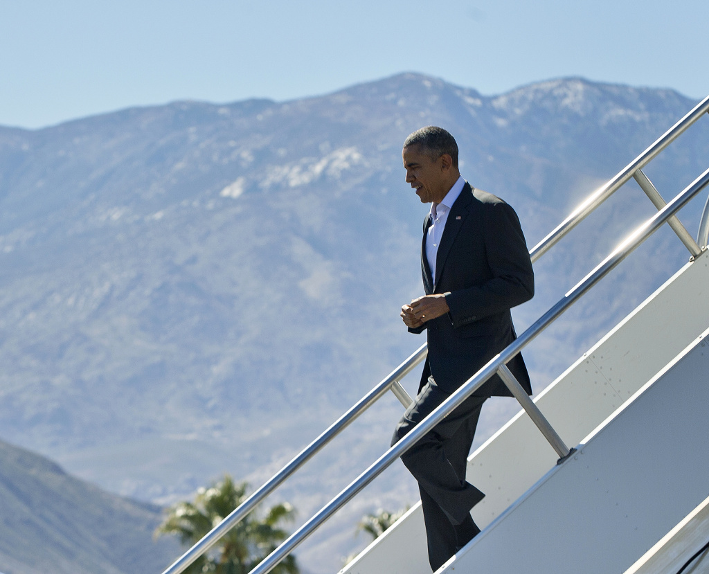 President Barack Obama walks down the stairs from Air Force One upon his arrival at Palm Springs International Airport on Feb. 12, 2016. Obama will be joined by Secretary of State John Kerry at the Sunnylands resort in Rancho Mirage for a gathering on Monday and Tuesday of the leaders of the Association of Southern Asian Nations (ASEAN). The summit is aimed at strengthening the U.S.- ASEAN strategic partnership.