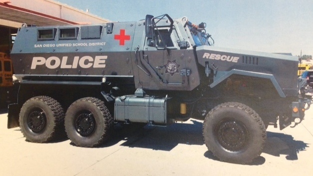 A rendering by the San Diego Unified school district of what an MRAP might look like after its tan military color is painted over.