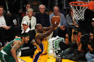 Kobe Bryant #24 of the Los Angeles Lakers goes up for a shot against Rasheed Wallace #30 of the Boston Celtics in Game Six of the 2010 NBA Finals at Staples Center on June 15, 2010 in Los Angeles, California.