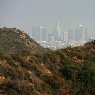 The downtown skyline stands beyond the dry Hollywood Hills in Los Angeles.
