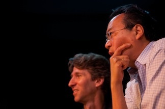 Cellist Yo-Yo Ma and dancer Damian Woetzel watch a class exercise during a performance for students at Inner City Arts in downtown Los Angeles on April 5, 2011.