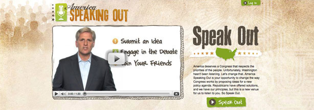 The America Speaking Out homepage, featuring a video from Republican Congressman Kevin McCarthy of Bakersfield.