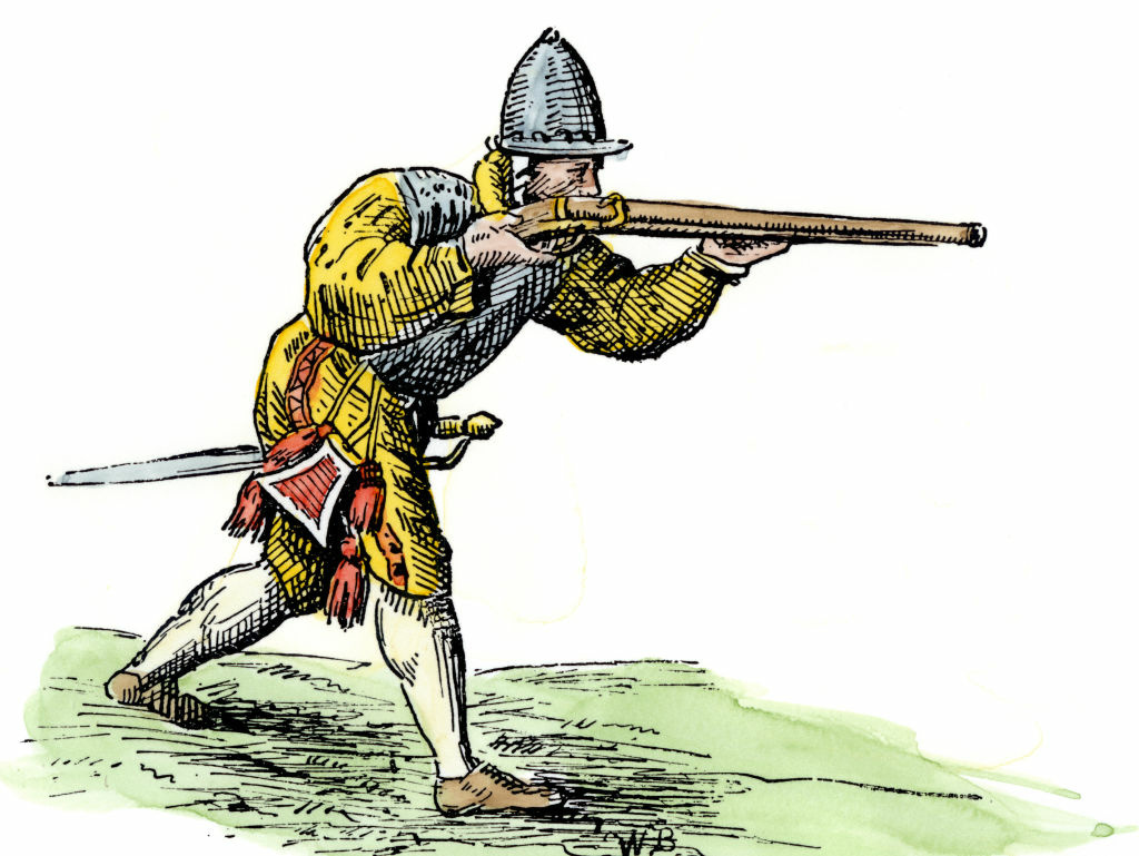 A Spanish soldier aiming an arquebus in the New World, late 1500s. Hand-colored 19th-century woodcut reproduction of an earlier illustration.