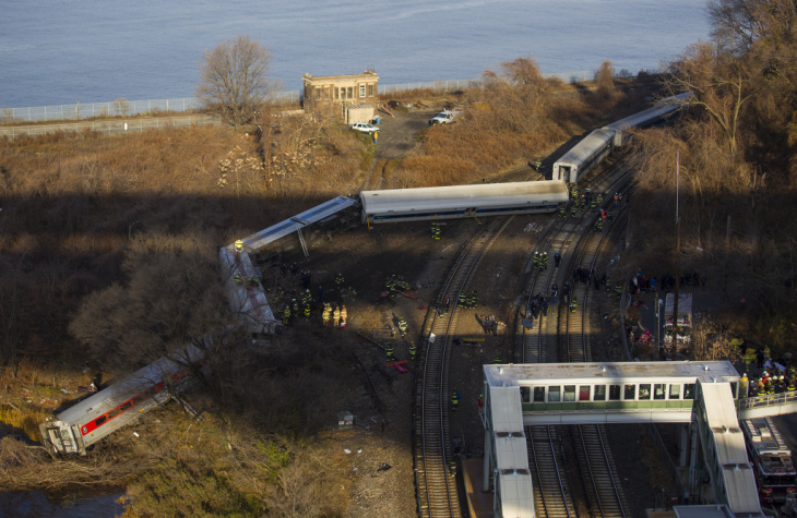 First responders gather around the derailment of a Metro North passenger train in the Bronx borough of New York on Sunday.