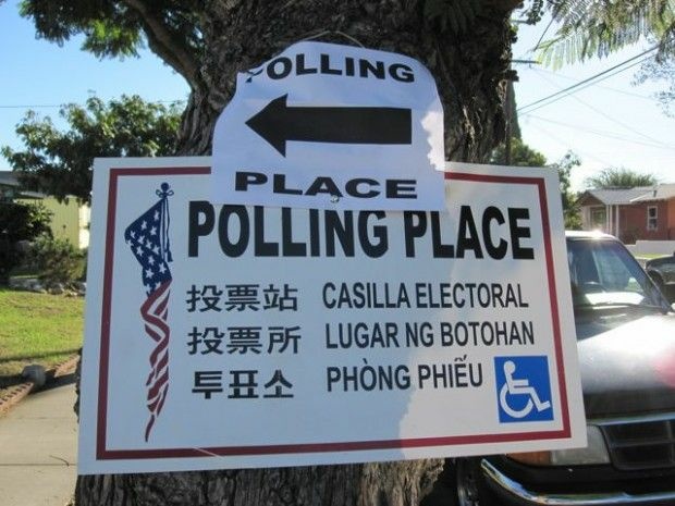 Outside a polling place today in Bell, Calif.