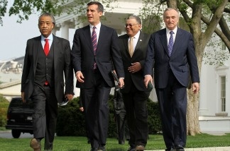 President of National Action Network Al Sharpton (left to right), LA City Council President Eric Garcetti, Charles Ramsey, Chief of Police of Philadelphia, and Bill Bratton, former police chief of Los Angeles and of New York City, walk toward the podium after a meeting with President Barack Obama on immigration at the White House on April 19, 2011.