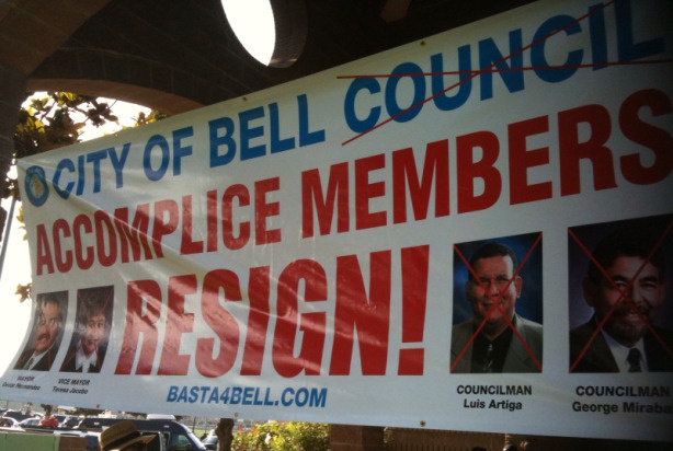 A large banner displayed at a meeting July 26, 2010 clearly expresses residents' frustration with Bell City Council members.