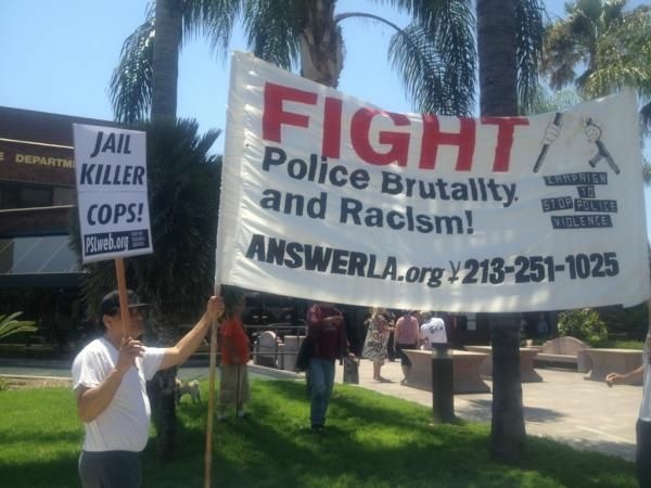 Over 50 people gathered at the Anaheim Police Department to protest an officer-involved shooting which occurred Saturday night.