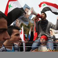Syrians rally in front of the Russian Em
