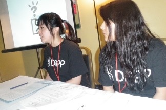 Heather Jun, left, and Sayada Sosa, teen members of the Koreatown Youth & Community Center, talked about a new report highlighting drug and alcohol abuse among teens in Koreatown during a news conference on May 12, 2011.