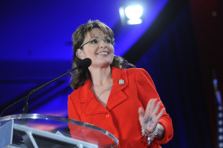 Writing is visible on the palm of former Alaska Governor Sarah Palin's hand as she speaks to delegates at the Southern Republican Leadership Conference, April 9, 2010 in New Orleans, Louisiana.