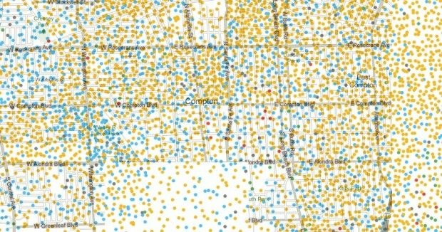 Screen shot of a race and ethnicity map of the Compton area from the New York Times' "Mapping America: Every City, Every Block" interactive project. Blue dots represent African Americans, yellow dots represent Latinos, red dots represent Asians and green dots represent whites. Each dot represents 25 people.