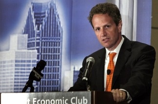 Treasury Secretary Tim Geithner at the Detroit Economic Club April 28, 2011 in Detroit, Michigan.