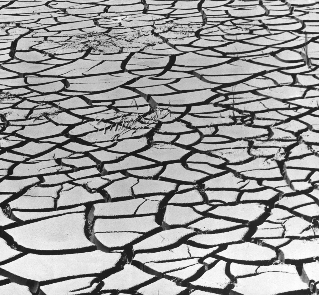 A dry, cracked river bed in San Joaquin County, California, circa 1950.