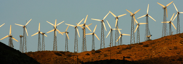Giant wind turbines are powered by strong prevailing winds on May 13, 2008 near Palm Springs, California.