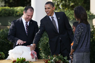 U.S. President Barack Obama pardons the National Thanksgiving Turkey, named Apple, in a ceremony with daughters Sasha (2nd R) and Malia (R) and National Turkey Federation Chairman Yubert Envia (L) in the Rose Garden November 24, 2010 in Washington, DC.