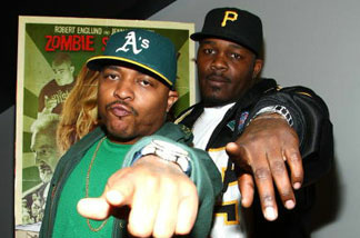 Rappers 40 Glocc & Ray J arrive at the Triumph Films' premiere of 'Zombie Strippers' on April 15, 2008 in Los Angeles, California.