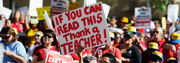 Teachers, students, and their parents participating in an education budget cuts rally and protesting at Pershing Square on May 13, 2011.
