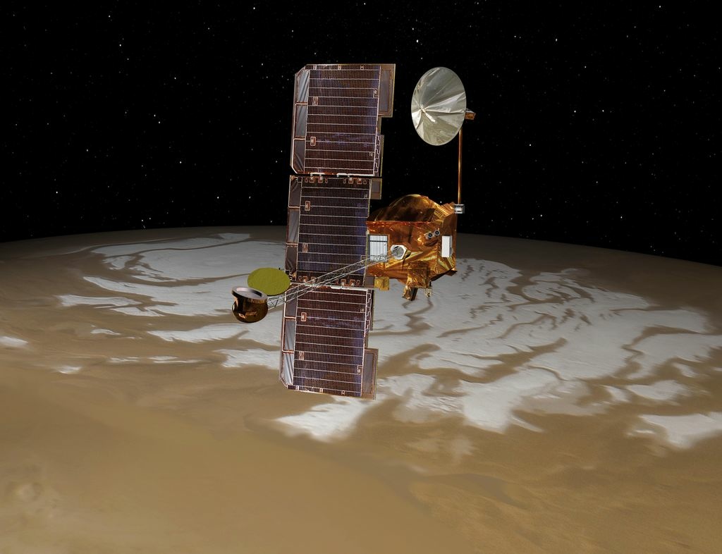NASA's Mars Odyssey spacecraft passes above Mars' south pole in this artist's concept illustration. The spacecraft has been orbiting Mars since October 24, 2001.
