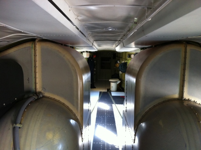 Interior, Super Scooper airplane.On the left and right are the water tanks. That's the crew toilet in the rear.