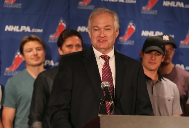 Don Fehr, executive director of the National Hockey League Players Association meets with the media at the Marriott Marquis Times Square on September 13, 2012 in New York City. Joining him from left to right is Ruslan Fedotenko, Henrik Lundqvist, Zdeno Chara and Sidney Crosby.