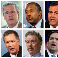 This combination of photos, from top left, shows Republican presidential candidates Jeb Bush, Ben Carson, Chris Christie, Ted Cruz, Mike Huckabee and from bottom left, John Kasich, Rand Paul, Marco Rubio, Donald Trump and Scott Walker. The candidates are scheduled to participate in a Fox News Channel Republican presidential debate on Thursday, Aug. 6, 2015. (AP Photos/File)