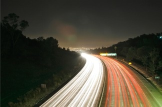 Sepulveda Pass of I-405 at night, no traffic.